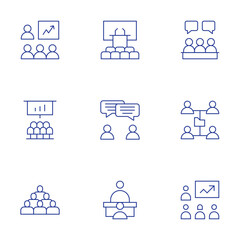 Meeting icons set. Thin Line style, editable stroke. brief, conference, conference room, discussion, group, interview, meeting, network, presentation