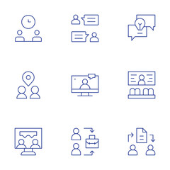 Meeting icons set. Thin Line style, editable stroke. brainstorming, conference room, file sharing, meeting, meeting point, online interview, online, suitcase