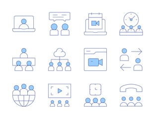 Meeting icons. Line Duotone style, editable stroke. virtual event, teamwork, meeting, calendar, user, views, call, disagree, videocall