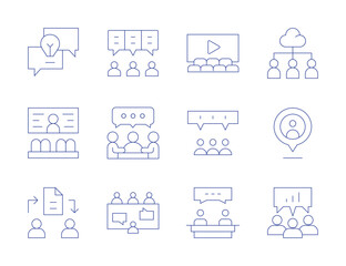 Meeting icons. Thin Line style, editable stroke. location, chat, discuss, interview, meeting, brainstorming, cinema, conference room, discussion, file sharing, teamwork