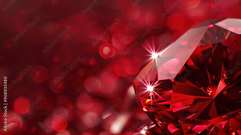 Poster a stunning ruby gemstone sparkles with deep red reflections, surrounded by a smooth, glossy surface,