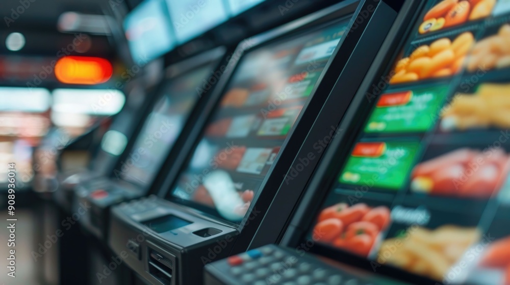 Poster virtual payment terminals or kiosks used for online or in store purchases with a blurred background 
