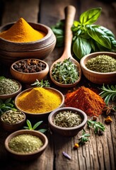 Fototapeta premium vibrant herbs spices beautifully arranged rustic wooden surface showcasing natural colors textures culinary inspiration, arrangement, colorful, cooking