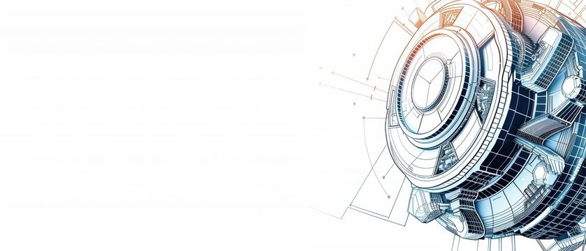 Hitech industrial engineering banner template featuring sleek graphics of CAD designs and engineering tools