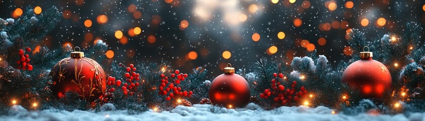 Obraz premium Vibrant Christmas decorations with red ornaments surrounded by snow and glowing lights, creating a festive holiday atmosphere.