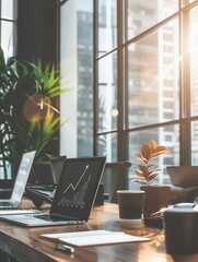 Fototapeta premium A modern office features large windows that invite natural light, showcasing a workspace with laptops, plants, and a vibrant atmosphere. Generative AI