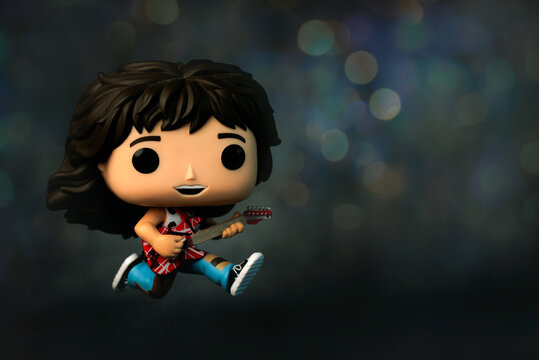 Funko POP vinyl figure of Eddie Van Halen singer and guitarist of the heavy metal group Van Halen. Illustrative editorial of Funko Pop action figure