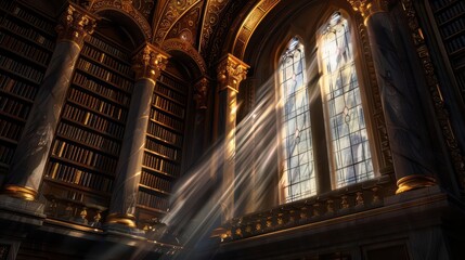 Obraz premium In a luxury fantasy interior, a grand library filled with scientific tomes and magical artifacts glows with light effects Sunlight filtering