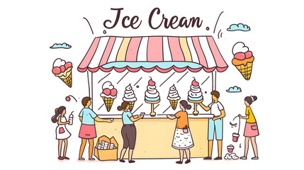 Fototapeta premium A simple drawing of an ice cream stand with people selling.