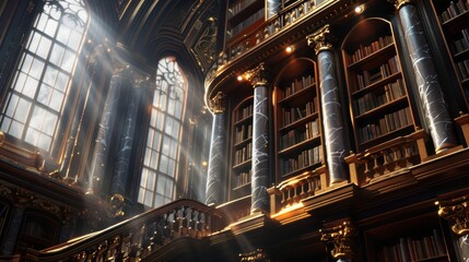 Obraz premium In a luxury fantasy interior, a grand library filled with scientific tomes and magical artifacts glows with light effects Sunlight filtering