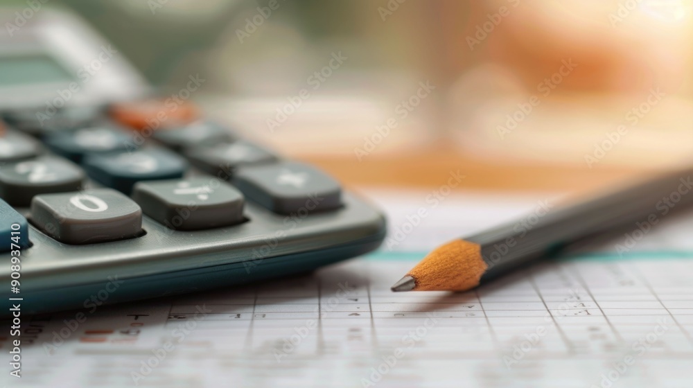 Poster premium calculation for various insurance policies with deep depth of field depicting a workspace wi