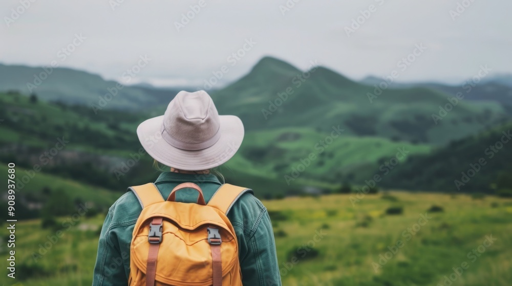 Poster backpack on the scenic mountain trail with gorgeous landscape view of rolling hills lush greenery an
