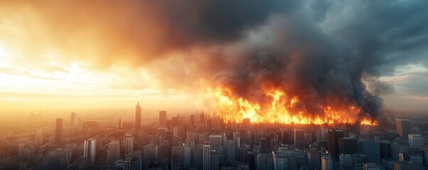 Fototapeta premium Dramatic cityscape engulfed in widespread fire and smoke during sunset, showcasing both urban devastation and intense natural phenomena.