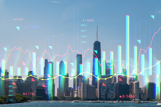 Financial charts overlaying cityscape with skyscrapers on clear sky background.
