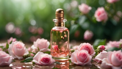 A bottle of rose perfume surrounded by pink rosebuds