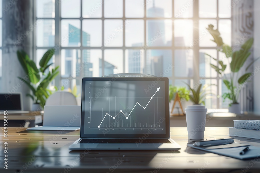 Fototapete a sleek office filled with natural light features a laptop displaying a rising graph and a warm beve