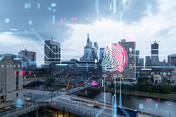 Digital fingerprint overlay on cityscape background, concept of data security.