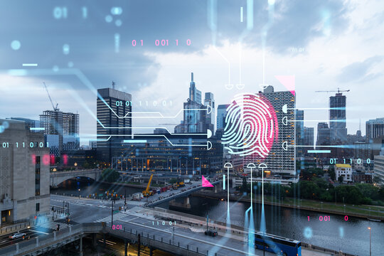 Digital fingerprint overlay on cityscape background, concept of data security.