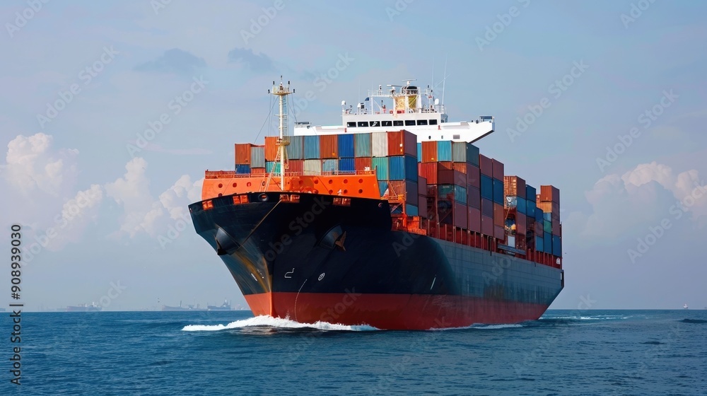 Poster large container cargo ship sailing on the open ocean with stacks of shipping containers for global m