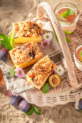 Tasty and sweet plum yeast cake on beach in summer.