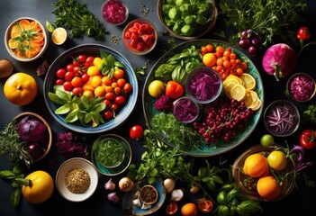 aerial view showcasing array diverse culinary components including fresh colorful vibrant food presentation, ingredients, dishes, salad, vegetables, fruits