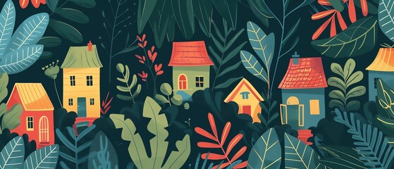 Fototapeta premium Plants entwined with tiny houses in a fantasy setting, architectural blueprints laid out, flat design illustration