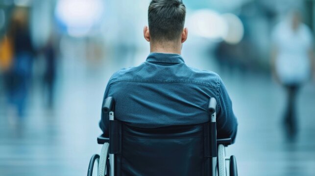 Disability insurance for income protection in a blurred interior hallway of a modern business building with a wheelchair using person in motion conveying concepts of accessibility healthcare