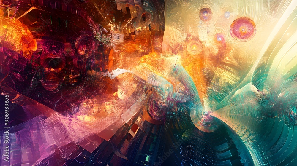 Poster a colorful abstract painting of a galaxy with many different shapes and colors