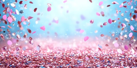 Colorful confetti cascades down onto a shiny surface, creating a festive atmosphere