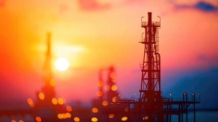 Obraz premium Offshore Oil Drilling Platform at Dramatic Sunset Industrial Energy Production Equipment and Machinery Silhouette Against Colorful Sky Petroleum Extraction and Refinery Technology