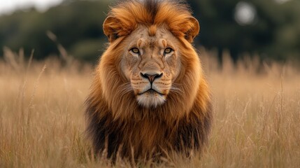 Fototapeta premium A lion gazes intently from the tall grass as sunlight bathes the savannah