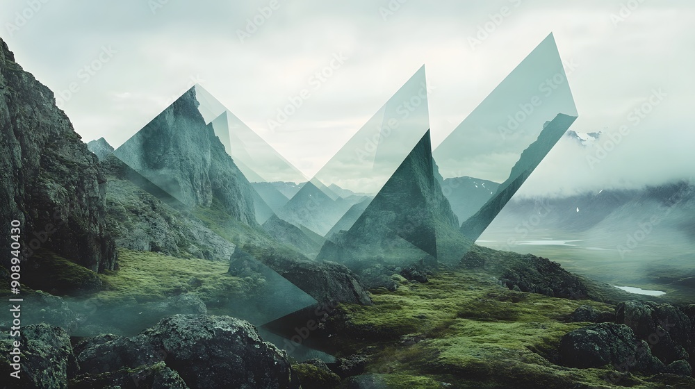 Poster a mountain range with a lake in the foreground. the mountains are covered in clouds and the lake is 