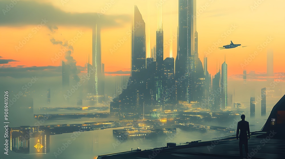 Poster a man stands on a rooftop looking out over a city with a large building in the background. the sky i