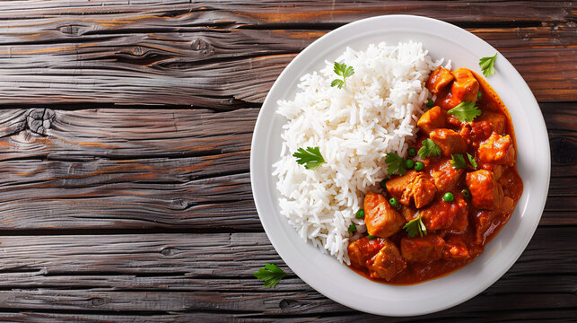 Chicken curry masala with coriander garnish, served on a white plate with white rice on a rustic wooden table