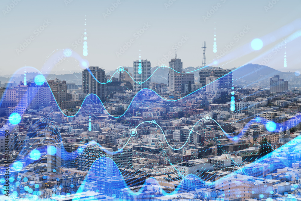Poster cityscape with digital overlay of data visualization lines and dots.