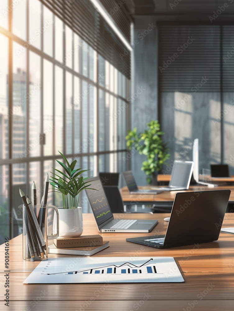 Poster Bright and airy modern office featuring sleek furniture, large windows, and greenery, creating an inviting atmosphere for productivity and collaboration. Generative AI