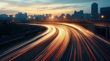 Fototapeta premium Night cityscape with light trails of fast-moving cars on a highway, showcasing urban traffic and energy at dusk.
