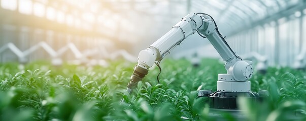 Robotic arm working in a modern greenhouse, tending to lush green plants under optimized conditions, showcasing agricultural technology.
