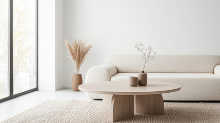 Scandinavian minimalist living room interiors in warm neutral tones and minimal furniture. Residential Real Estate interior design composition with copyspace.