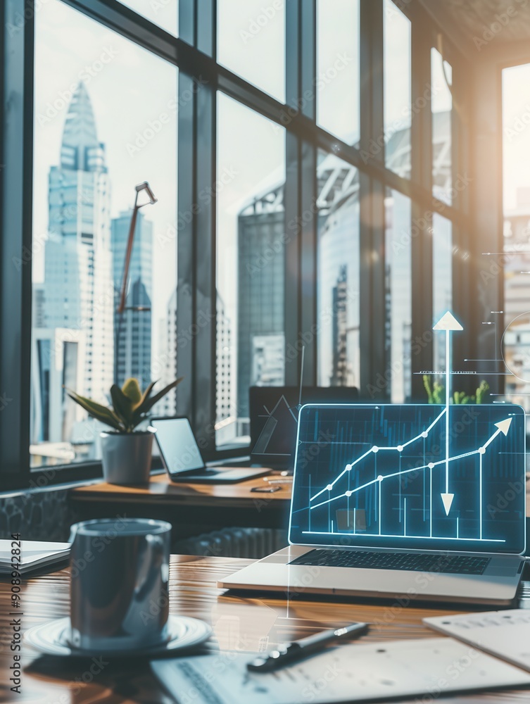 Leinwandbilder A modern office features large windows, showcasing a skyline view while a laptop displays an upward-trending graph during early morning. Generative AI