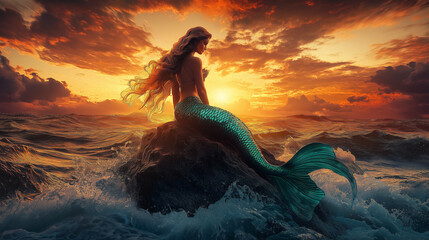A regal 3D mermaid with shimmering scales and long flowing hair, sitting on a rock amidst crashing ocean waves with a dramatic sunset, the mood is majestic and mythical with a sense of oceanic
