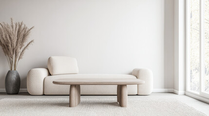 Scandinavian minimalist living room interiors in warm neutral tones and minimal furniture. Residential Real Estate interior design composition with copyspace.