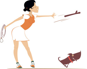 Dog trainer. Woman playing with a dog. 
Young woman throws a stick to the happy dog. Isolated on white background
