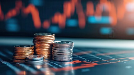 Stacks of coins on a financial data chart, representing investment, economic growth, and market fluctuation analysis.