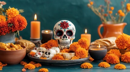 Vibrant Day of the Dead altar with colorful sugar skulls, marigolds, candles, and traditional offerings in a festive setup.