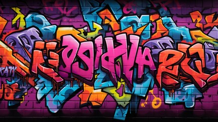 Street art abstract graffiti piece on purple brick wall. Neural network ai generated art