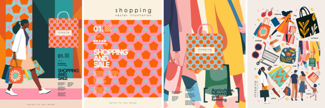 Shopping and sale. Vector modern abstract illustrations of people in store with shopping bag, cart, shop, package, fashion woman, pattern, family and objects for poster, background, flyer or cover