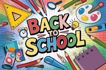 Colorful school supplies surrounding Back to School text on grid paper background, in cartoon style, promoting education and learning concepts