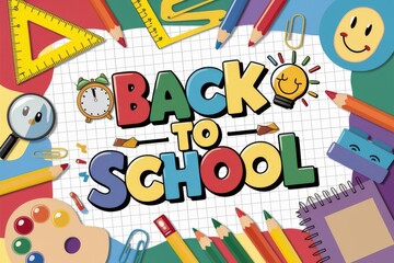 Colorful school supplies surrounding Back to School text on grid paper background, in cartoon style, promoting education and learning concepts