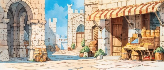 Watercolor illustrations of enchanted markets bustling with business activity